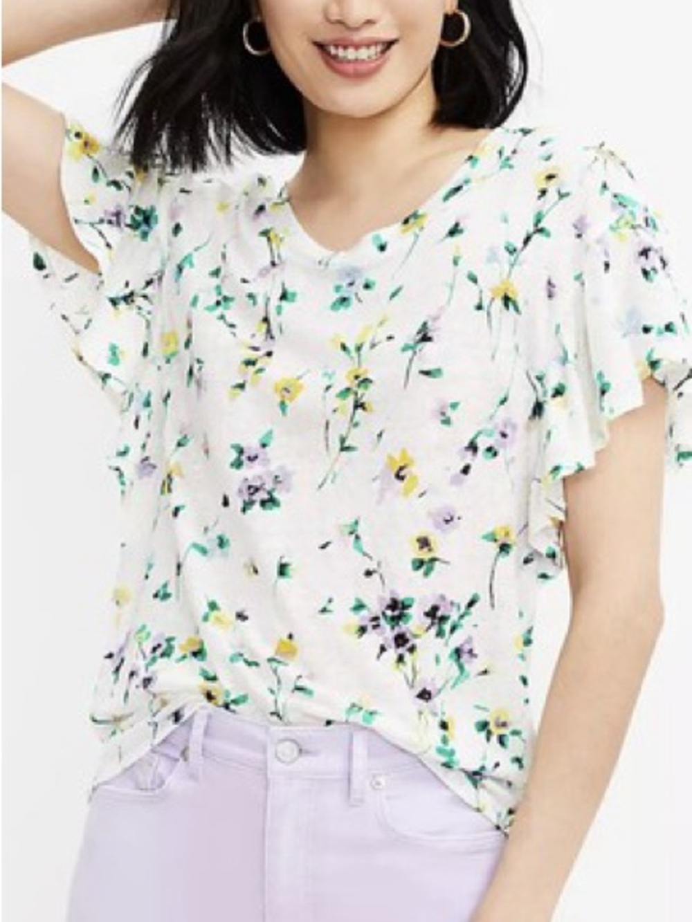 Loft Linen Flutter Sleeve Floral Tee White Purple Size Medium